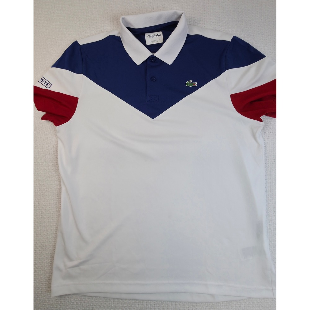 Lacoste Sport Polo Shirt Mens L White Blue Red Colorblock DH7983 Excellent